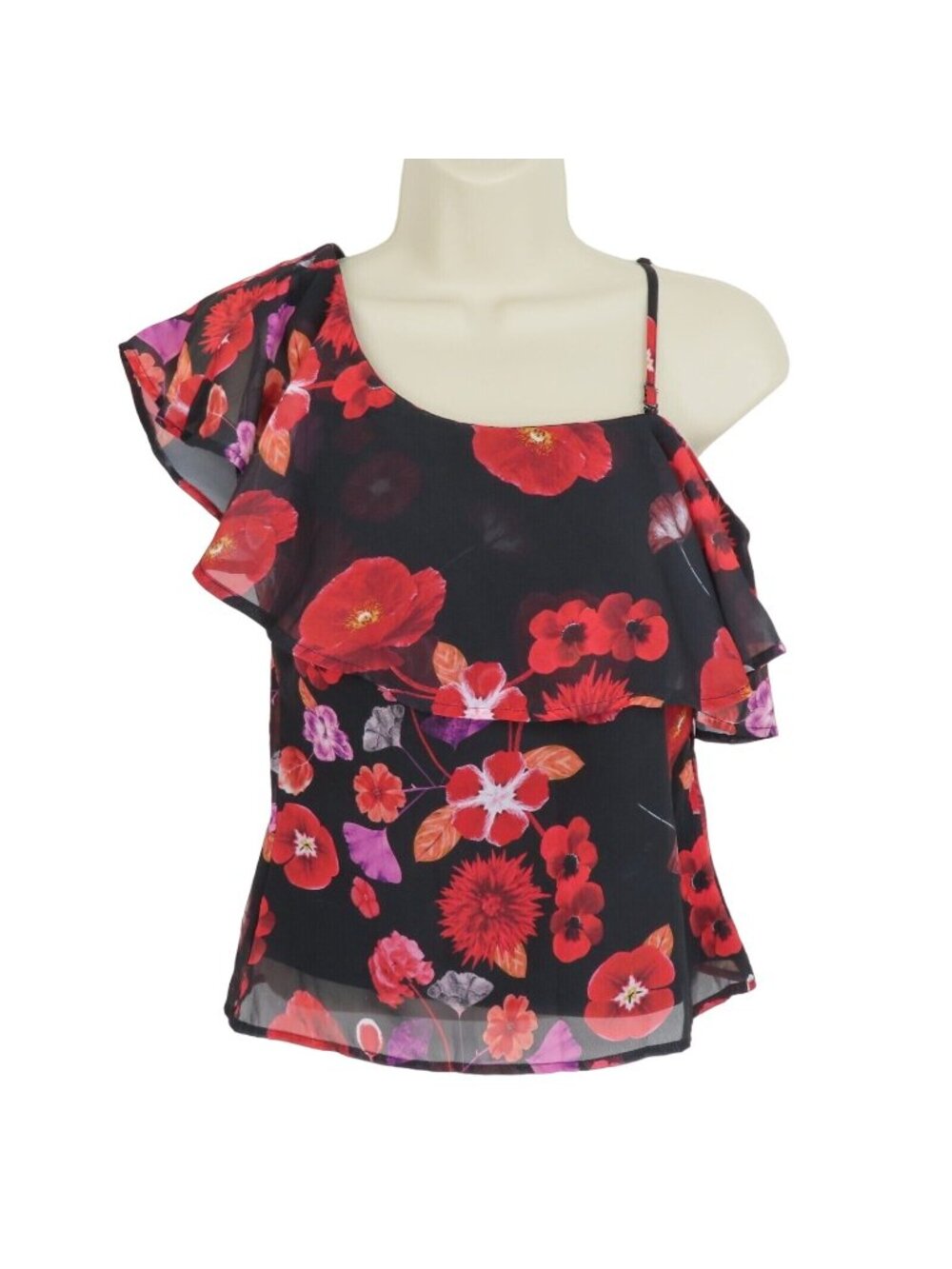 GUESS Womens Extra Small XS Red Flower Floral Ruffle Shoulder Tank Top Shirt